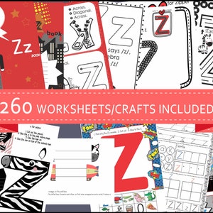 Op de afbeelding: Een set van 260 printbare werkbladen en knutselwerkjes om de letter Z te leren. De werkbladen bevatten verschillende activiteiten, waaronder traceren, kleuren en knippen. De knutselwerkjes omvatten een zebra-letter Z, een superheld Z en een rits.