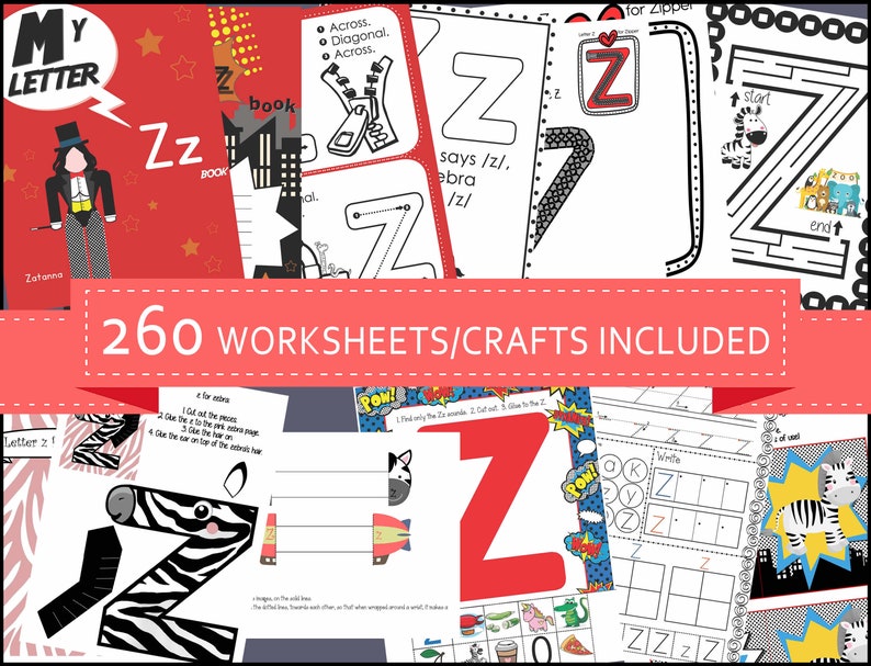 Op de afbeelding: Een set van 260 printbare werkbladen en knutselwerkjes om de letter Z te leren. De werkbladen bevatten verschillende activiteiten, waaronder traceren, kleuren en knippen. De knutselwerkjes omvatten een zebra-letter Z, een superheld Z en een rits.