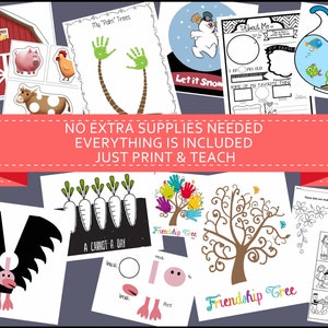 May include: A collection of printable educational worksheets for children. The worksheets feature various themes, including farm animals, palm trees, a snowman, a fishbowl, a carrot, a friendship tree, and an "About Me" page. The text "NO EXTRA SUPPLIES NEEDED EVERYTHING IS INCLUDED JUST PRINT & TEACH" is displayed in a pink banner.