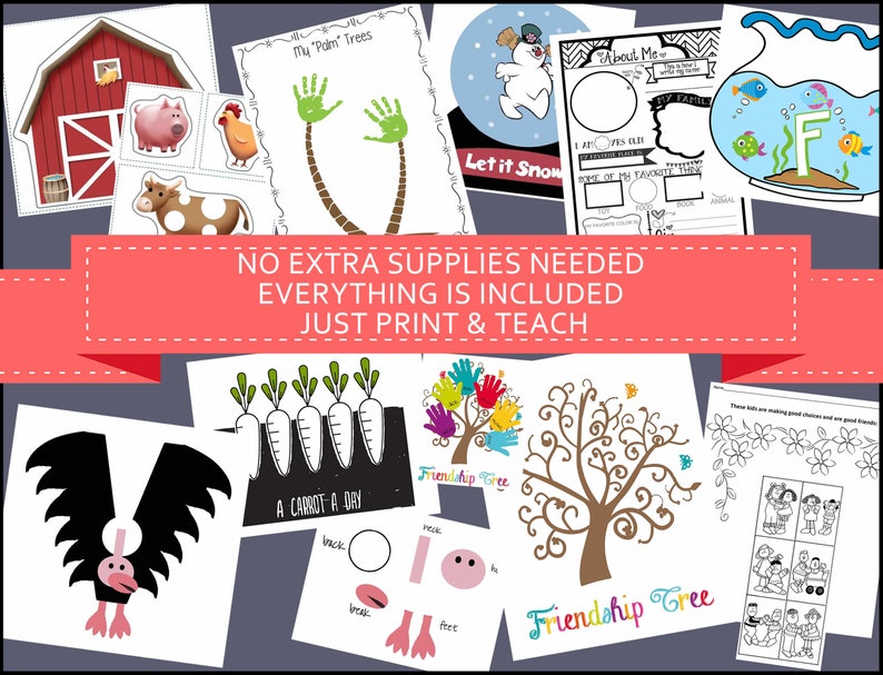 May include: A collection of printable educational worksheets for children. The worksheets feature various themes, including farm animals, palm trees, a snowman, a fishbowl, a carrot, a friendship tree, and an "About Me" page. The text "NO EXTRA SUPPLIES NEEDED EVERYTHING IS INCLUDED JUST PRINT & TEACH" is displayed in a pink banner.