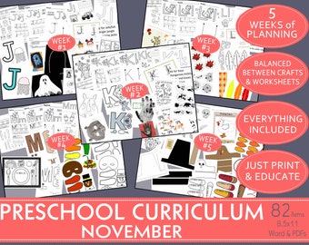 November Preschool Curriculum: Crafts, Worksheets, & Activities (Digital Download)
