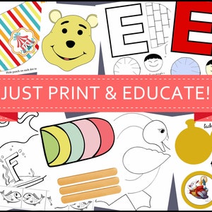 May include: A printable set of educational activities for children featuring a variety of characters and themes, including a bear, a swan, a clock, and a fish. The text "JUST PRINT & EDUCATE!" is displayed in a pink banner.