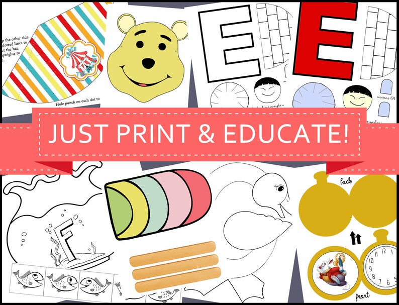 May include: A printable set of educational activities for children featuring a variety of characters and themes, including a bear, a swan, a clock, and a fish. The text "JUST PRINT & EDUCATE!" is displayed in a pink banner.
