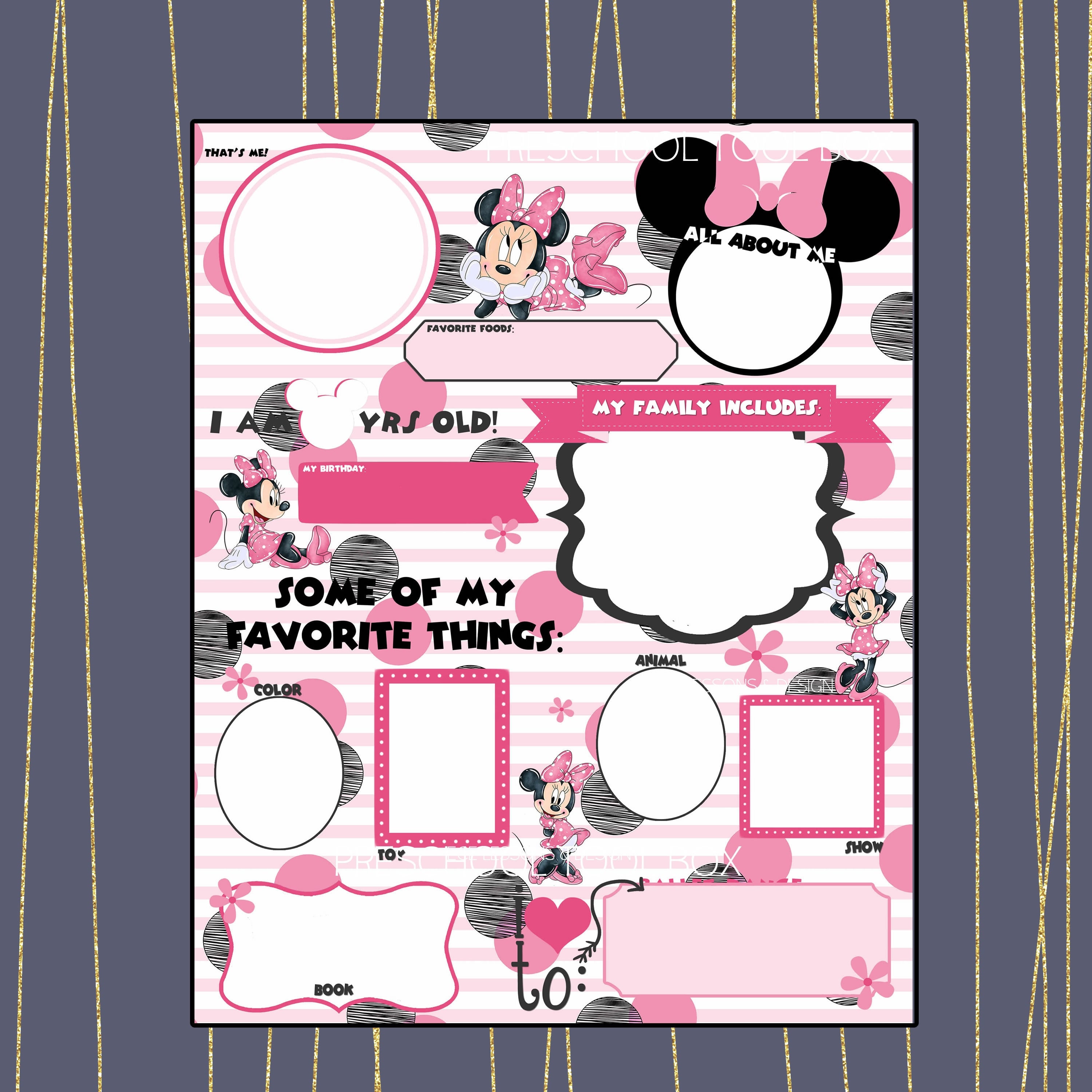 ALL ABOUT ME Minnie themed -Printable in 8x10, 11x14, 16x20, 22x28 -daycare/preschool/student of the month