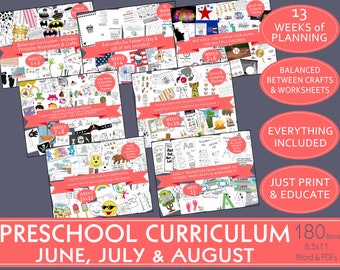 BALANCED PRESCHOOL CURRICULUM June, July, Aug activities: 3 mos of conceptual workseehts, crafts, letters, numbers, colors, shapes & themes