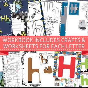 Op de afbeelding: Een werkboek om de letter H te leren. Het werkboek bevat knutselwerkjes en werkbladen met een superheldenthema met een groen Hulk-personage. De omslag heeft een rood-wit-blauw kleurenschema met de letter H in een groot, vet lettertype.