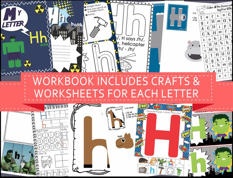 Op de afbeelding: Een werkboek om de letter H te leren. Het werkboek bevat knutselwerkjes en werkbladen met een superheldenthema met een groen Hulk-personage. De omslag heeft een rood-wit-blauw kleurenschema met de letter H in een groot, vet lettertype.