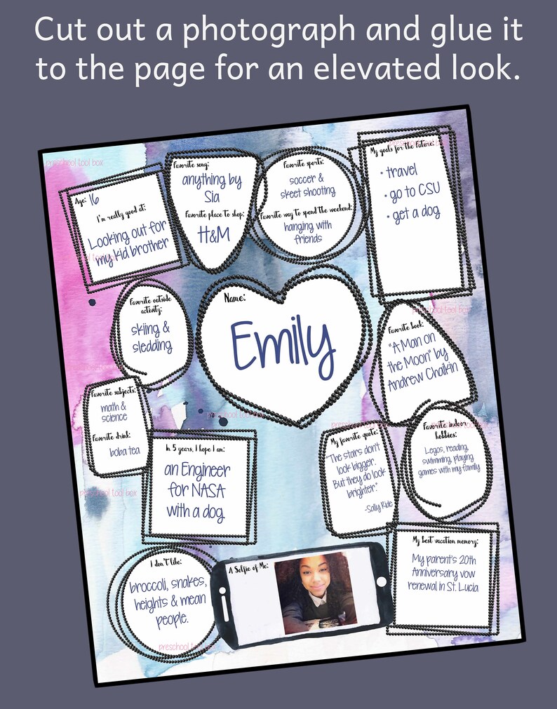 K&ouml;nnte beinhalten: Ein farbenfrohes und personalisiertes "Alles &uuml;ber mich"-Poster mit einem Foto eines jungen M&auml;dchens. Das Poster hat einen herzf&ouml;rmigen Rahmen mit dem Namen "Emily" darin. Das Poster enth&auml;lt Informationen &uuml;ber ihre Lieblingsaktivit&auml;ten, F&auml;cher und Zukunftsziele.