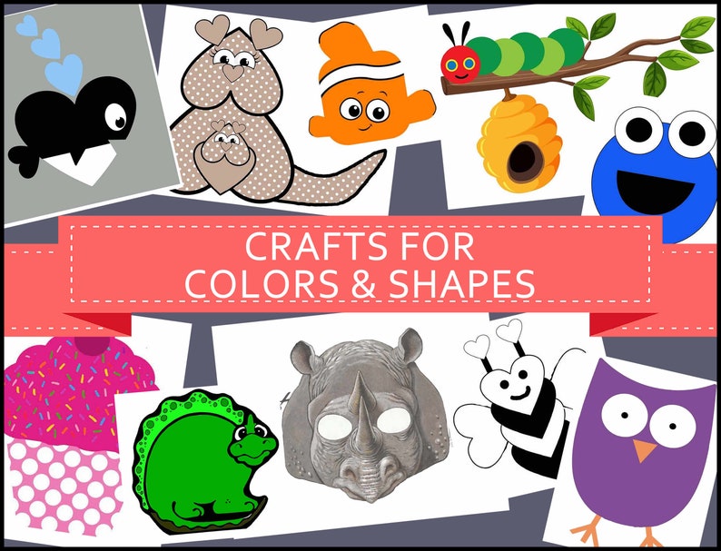 May include: A collection of printable crafts for children featuring various animals, insects, and objects. The crafts are designed to help children learn about colours and shapes. The title of the image is "CRAFTS FOR COLORS & SHAPES".