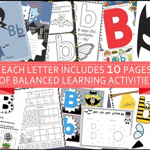 Op de afbeelding: Een set van 10 afdrukbare activiteitenpagina's om de letter B te leren. De pagina's hebben een superheldenthema met een Batman-personage en bevatten activiteiten zoals kleuren, traceren, stippen verbinden en woordzoekers.