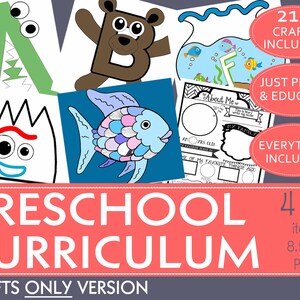 May include: A colourful image promoting a preschool curriculum with 214 crafts and 428 items. The image features a variety of crafts, including a fish, a bear, a letter F, and a crown. The text "PRESCHOOL CURRICULUM CRAFTS ONLY VERSION" is displayed in large, bold letters.