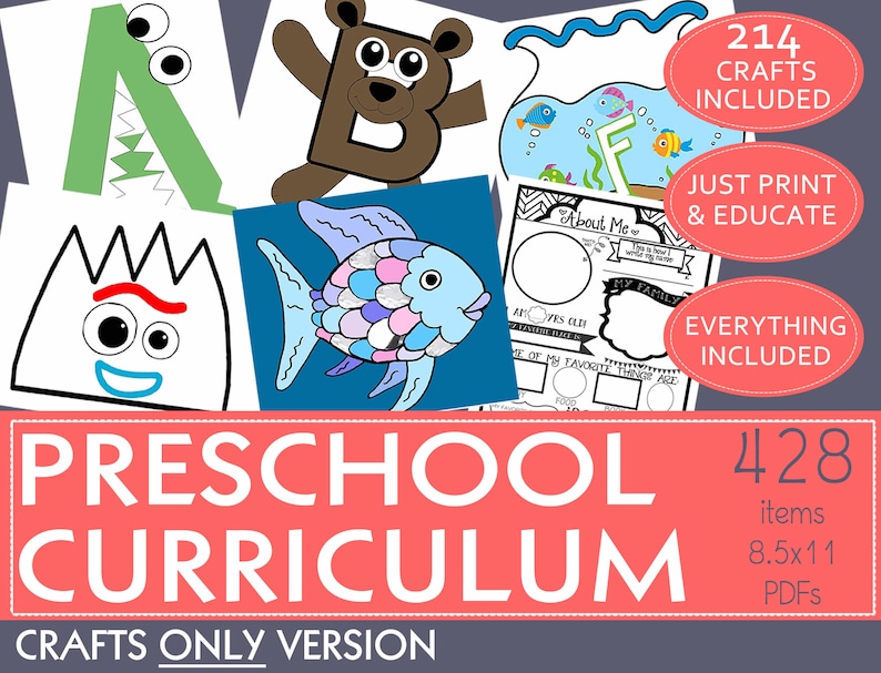 May include: A colourful image promoting a preschool curriculum with 214 crafts and 428 items. The image features a variety of crafts, including a fish, a bear, a letter F, and a crown. The text "PRESCHOOL CURRICULUM CRAFTS ONLY VERSION" is displayed in large, bold letters.