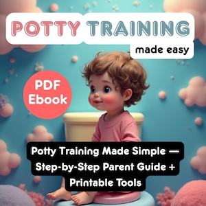 Könnte beinhalten: Digitale Illustration für einen Ratgeber zum Töpfchentraining. Sie zeigt ein lächelndes Baby in einem rosa Hemd, das auf einem Töpfchen sitzt. Der Text enthält "Potty Training Made Simple" und "PDF Ebook".