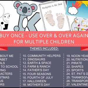 May include: A colourful image with the text "BUY ONCE - USE OVER & OVER AGAIN FOR MULTIPLE CHILDREN" and a list of 27 themes, including "All About Me", "Alphabet", "Animals", "Back to School", "Camping", "Characters", "Christmas", "Circus", "Colours", "Community Helpers", "Dinosaurs", "Earth & Space", "Farm & Ranch", "Father's Day", "Four Seasons", "Fourth of July", "Halloween", "Mother's Day", "New Year's Eve", "Nutrition", "Pirate", "Shapes", "Sports", "St. Patrick's Day", "Thanksgiving", "Transportation", and "Valentine's Day".