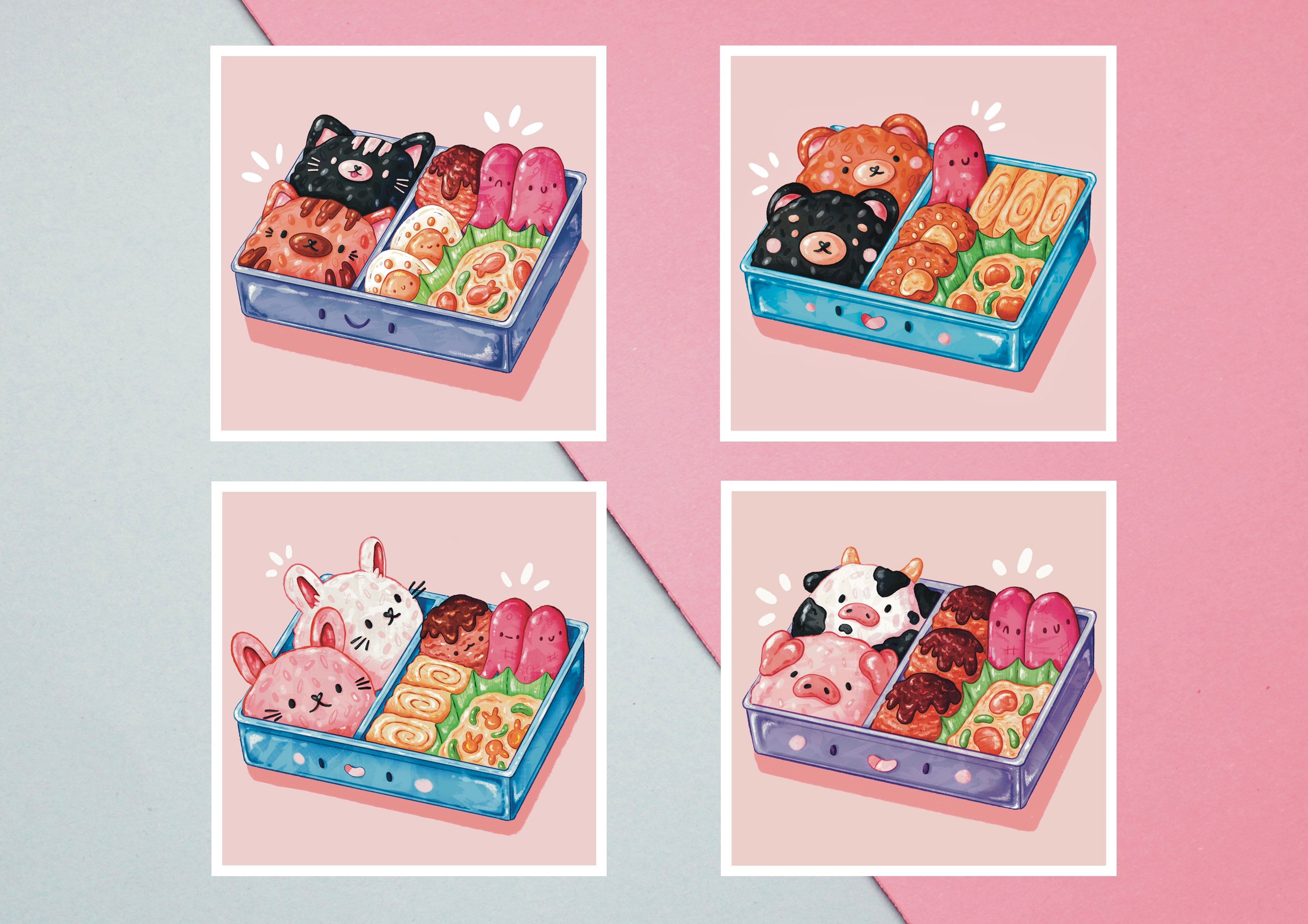 Cute Animal Bento Box Square Prints Kawaii Etsy UK