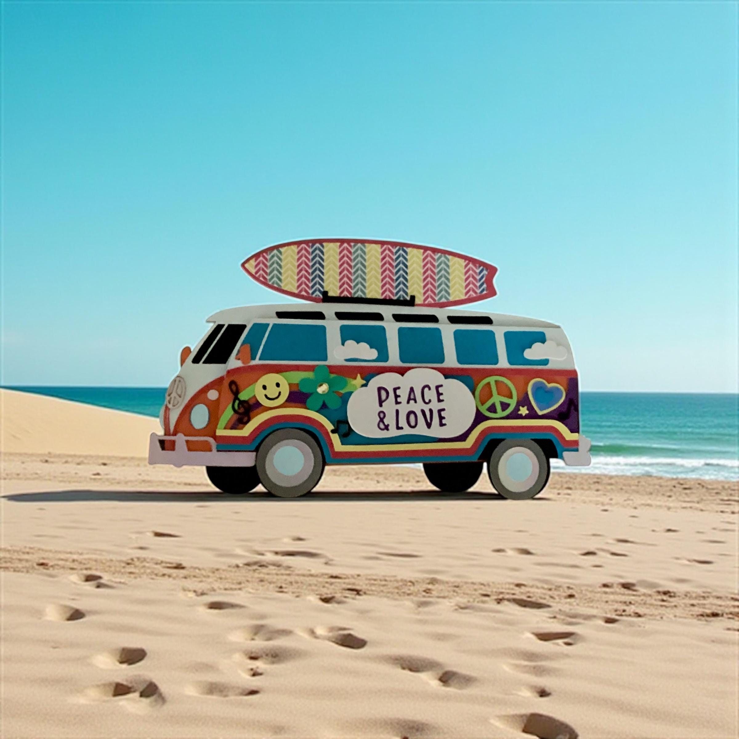 VW Hippie Van Grußkarte - Retro Camper Bus Karte, 60er Boho Flower Power, Vintage Road Trip Geburtstagskarte oder Dankeskarte