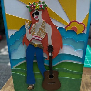 Garota hippie com poder floral, Boho dos anos 60, estilo vintage, cartão de aniversário ou agradecimento