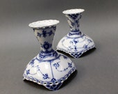 ROYAL COPENHAGEN Blue Fluted Full Lace 1138 - Pair of Candlesticks - 1960 39 s - White Blue Design - Excellent Condition - First Quality