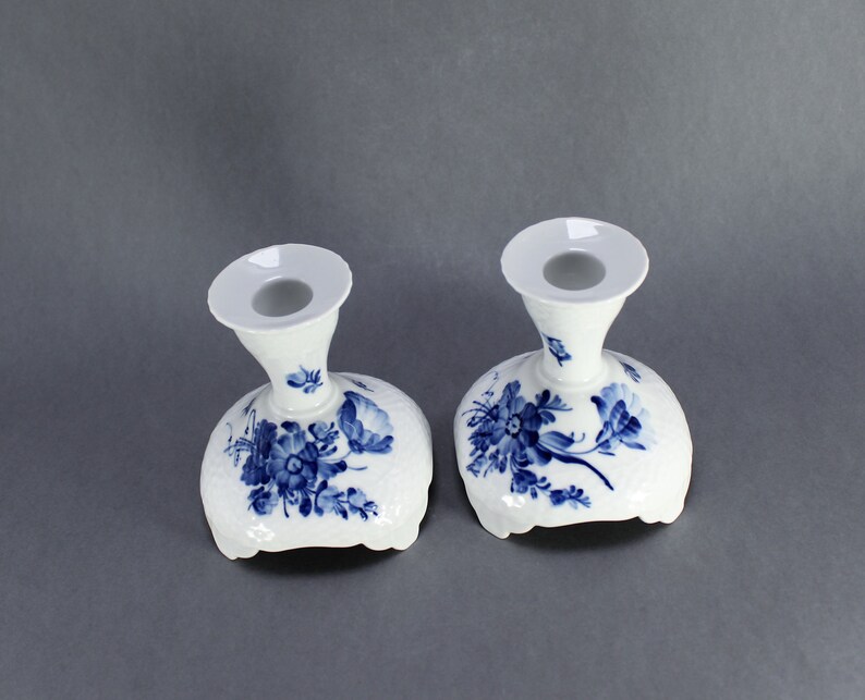 Danish Design Pair of Porcelain Candlesticks Royal Copenhagen Blue Flowers Bla Blomster # 1711