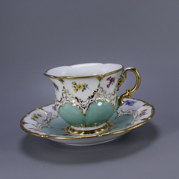 Meissen - B Form / B Shape - Unique Large Teacup / Coffee Cup  with  Saucer  - Green White Gold Porcelain - 1930's