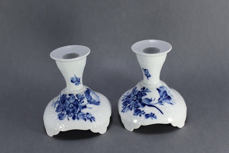 Danish Design Pair of Porcelain Candlesticks Royal Copenhagen Blue Flowers Bla Blomster # 1711