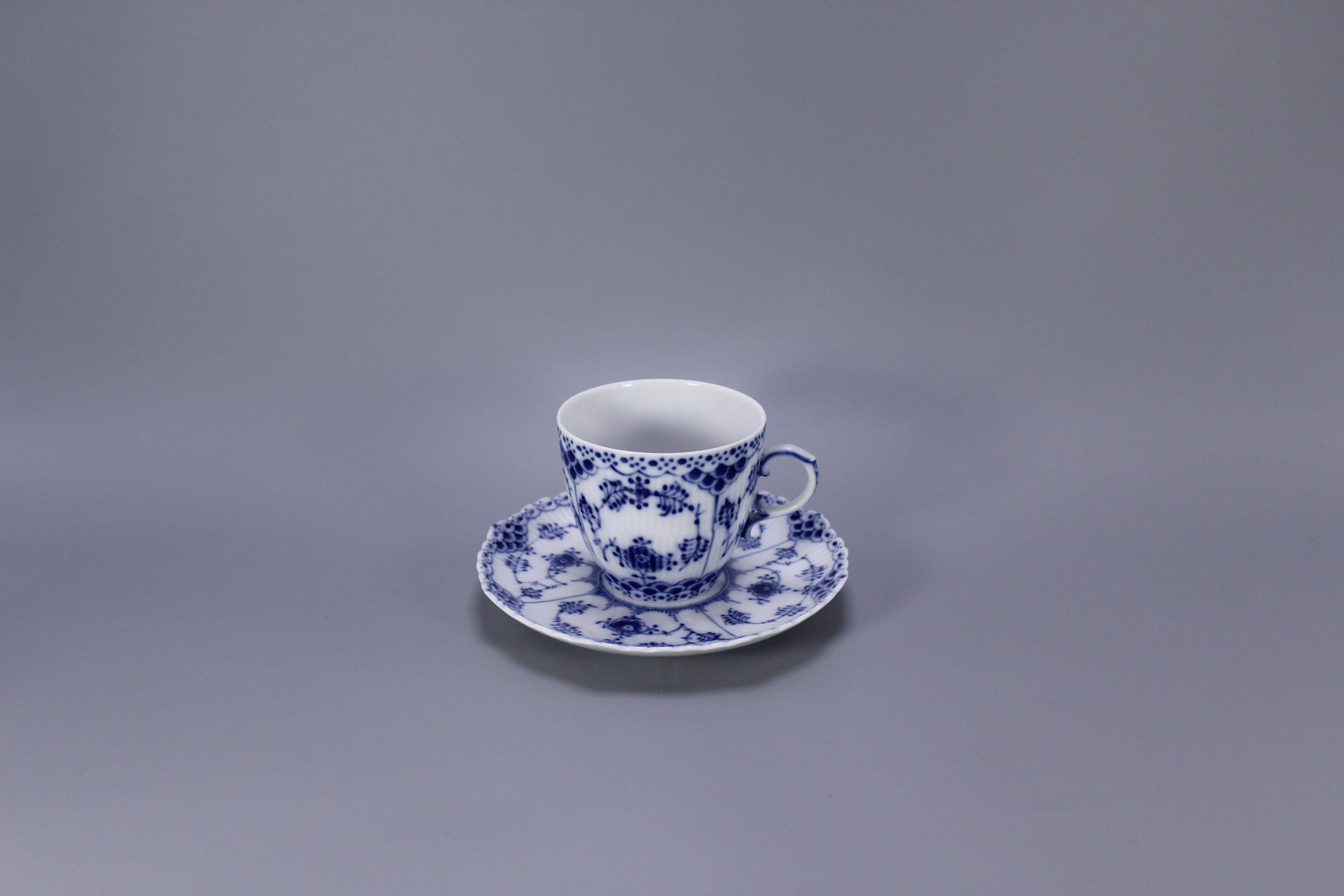 Porcelain Coffee Cup and Saucer Excellent Condition Royal Copenhagen First Quality Blue Fluted Full Lace # 1035