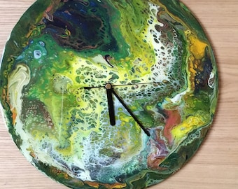 12” clock, flip cup dirty pour onto vinyl LP record, shades of green with touch of gold highlight, Art, Dirty pour, acrylic pour clock, art