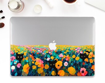 Cats Macbook case Cute Macbook Pro 13 Air 13 M2 M1 Pro 14 Pro 16 Pro 15" Flowers Aesthetic colorful floral art Kawaii funny black cats case
