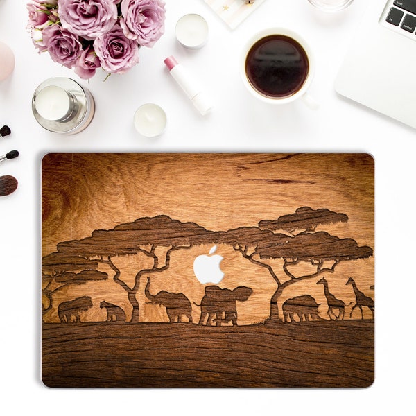 Wood Macbook case Nature Macbook Pro 13 16 Air 13 M1 12 inch Trees Anmals Elephant Lion Giraffe African Wooden Design Aesthetic Africa case