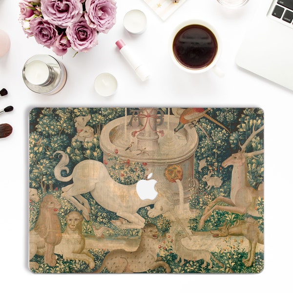 Étui Macbook licorne vintage Macbook Pro 13 16 15 pouces Air 13 2020 Art Macbook 12 cheval vert Floral Nature peinture animaux étui médiéval