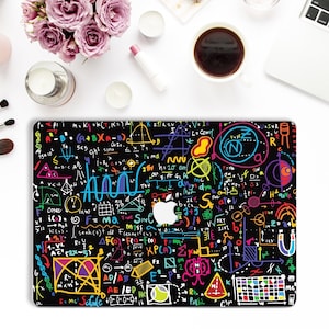 May include: A black laptop skin with a colorful design of mathematical equations, symbols, and diagrams. The design is reminiscent of a chalkboard.