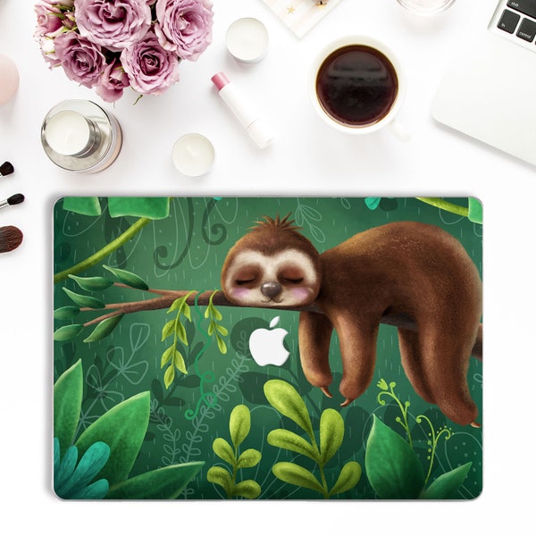 Estuche para Macbook con diseño de perezoso, bonito estuche para Macbook Pro de 13 pulgadas (2019), Air 13, Pro de 15 pulgadas, estuche rígido con diseño de naturaleza para Macbook de 12 pulgadas, hojas florales, jungla, animales kawaii, para niñas y niños.