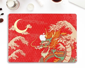 Dragon Macbook case Japanese Macbook Pro 13 16 Air 13 inch M1 12 inch for Men Japan Vintage Art Ocean Waves Red Dragon Asian Macbook case
