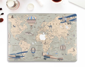 Étui pour Macbook carte vintage Macbook Pro 13 16 Air 13 M1 12 15 pouces pour homme, carte du monde rétro, voyage, vert pastel, beige, histoire, avions, étui rigide