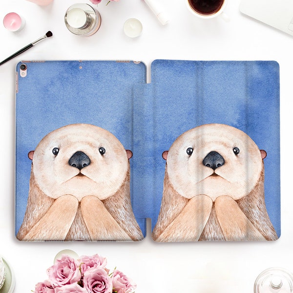 Étui pour iPad loutre Adorable iPad Pro 11 12,9 10,5 10,2 9th Air 4 10,9 9,7 Mini 6 pour enfants Kawaii Animal drôle belles loutres Étui bleu pour fille