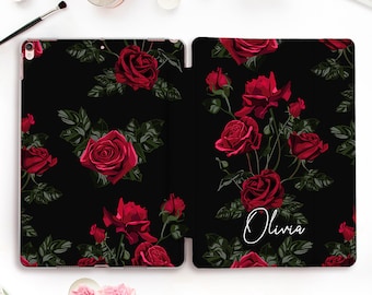 Name iPad case Cute iPad Pro 11 12.9 10.2 10.5 10th Air 5 10.9 9.7 Mini 6 Red Roses Aesthetic Custom Flowers Personalized Floral Black case