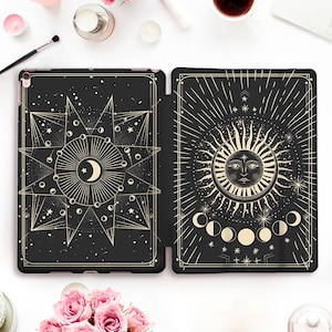 Moon iPad case Stars iPad Pro 11 12.9 10.5 Vintage iPad 9.7 6th 5th Air 3 Mini 5 Girl Men Goth Geometric Antique Dark Sun Moon Phases cover