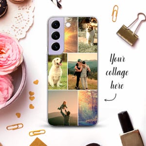 Pode incluir: Capa de telefone transparente com uma colagem de fotos pessoais. As fotos incluem um pôr do sol, um gato, um golden retriever, um casal, uma cena de floresta e uma pessoa segurando uma criança. O texto "Your collage here" é visível.