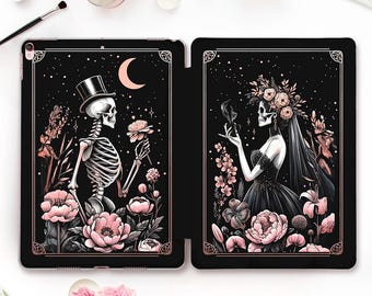 Etui na iPada w stylu gotyckim Szkielet iPad 10, 9, Air 5, Pro 12,9 11 cali iPad 10,2 10,9 Mini 6 Estetyczne kwiaty Różowe róże Ciemne kwiatowe etui w stylu gotyckim