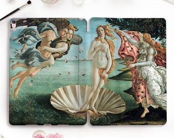 May include: A painting of the Birth of Venus, a famous Renaissance artwork by Sandro Botticelli. The painting depicts the goddess Venus emerging from a giant scallop shell, with the wind blowing her hair and a figure of a woman holding a cloak behind her.