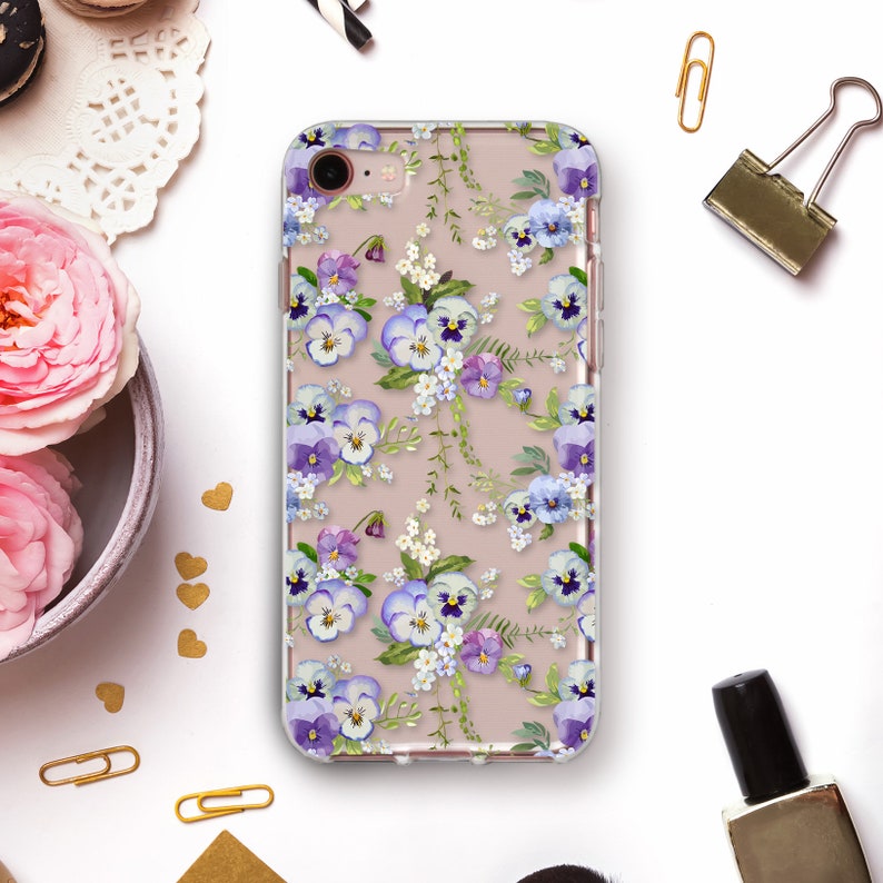 Pansies iPhone case 11 Pro XR X Girls case for iPhone 8 7 Galaxy S20 Pixel 4 Kawaii Cute Design Blue Flowers Aesthetic Lilac Floral case image 1