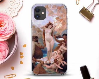May include: A clear phone case with a painting of a nude woman surrounded by cherubs and other figures. The painting is in a classical style and features a light blue background.