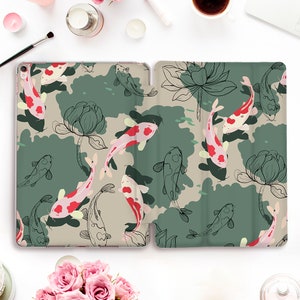 Custodia giapponese per iPad, estetica, iPad Pro 11, 12,9, 10,2, 10,5, 10th Air 5, 4, 10,9, 9,7 Mini 6, Koi Fish, fiore di loto, verde, design asiatico alla moda
