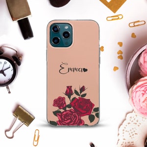 Name iPhone case for iPhone 14 Pro Max Roses iPhone 13 iPhone 12 Mini iPhone 11 XR X 8 7 Trendy Custom Aesthetic Flowers Personalized case