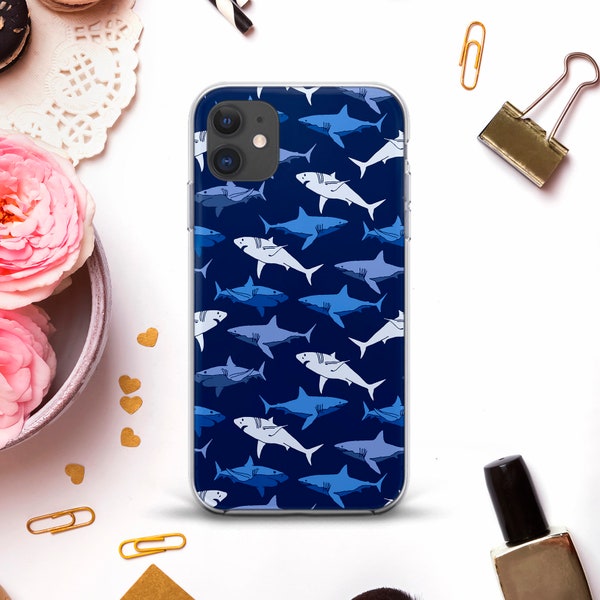 Shark iPhone case for iPhone 11 Pro XR X 8 7 Ocean case Galaxy S20 Pixel 4a for Men Guys Blue Animal Pattern Design Nautical Navy Sea case