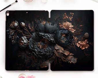 Flower iPad case Aesthetic iPad 11th 10th Air 5th Air 11 m3 iPad Pro 13 12.9 10.2 Mini 7 Black gold flowers Dark floral design Girly case