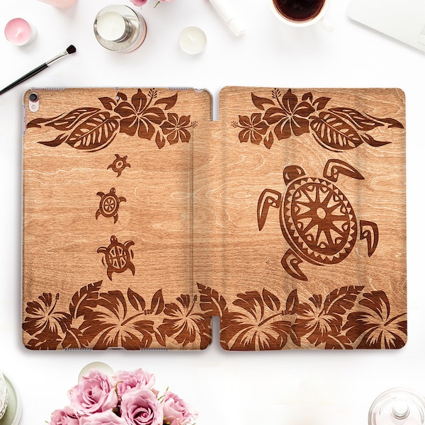 Custodia per iPad tartaruga Legno iPad Pro 11 12.9 10.5 10.2 Air 4 10.9 9.7 Mini 6 Custodia estetica tropicale floreale fiori hawaiani tartarughe animali Hawaii