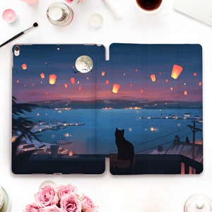 Cute iPad case Cat iPad Pro 11 12.9 10.2 10.5 10th Air 5 10.9 Mini 6 Aesthetic Black Cat Nature Moon Kawaii Japanese Landscape Trendy case