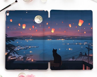 Cute iPad case Cat iPad Pro 11 12.9 10.2 10.5 10th Air 5 10.9 Mini 6 Aesthetic Black Cat Nature Moon Kawaii Japanese Landscape Trendy case