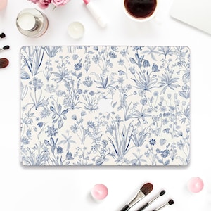 Aesthetic Macbook case Blue flowers Macbook Pro 13 inch Air 13 15 M2 M3 Pro 14 Pro 16 Blue floral art with plants tulips Trendy Toile case